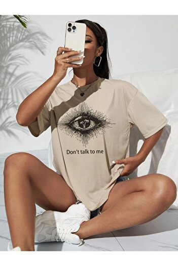 Black Sokak Blacksokak γυναικείο μπεζ μπλουζάκι Don't Talk To Me Printed Oversize Crew Neck Tshirt