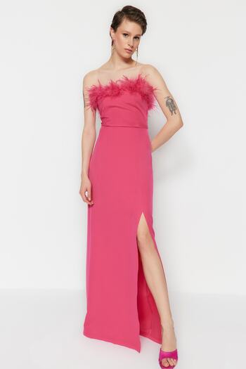 Trendyol Collection Φούξια υφαντό ανοιχτό μακρύ βραδινό φόρεμα TPRSS22AE0095