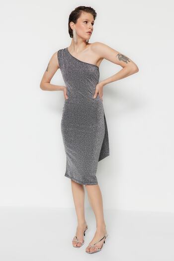 Trendyol Collection Anthracite Fitted Knitted Shiny Stylish Evening Dress TPRSS23EL00480