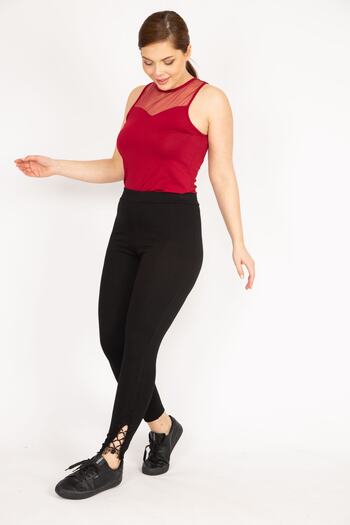 Şans Women's Black Plus Size Leg Lace Detailed Gathering Leggings Pants 65n36041