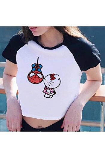 Touz Moda Spider-man & Hello Kiitty Printed Raglan Sleeve White Crop