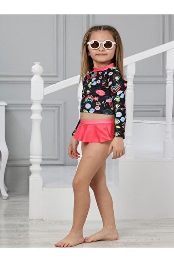 PODIUM GYM New Rainbow Patterned Sun Protection Long Sleeve Crop Top Mini Skirt Ruffle Bikini Set