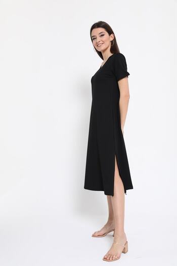 BEBE PLUS Women's V-Neck Slit Side Pocket Basic Dress 25736 Black