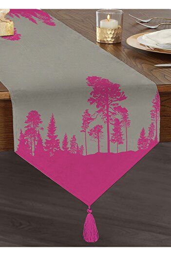 Realhomes Decorative Tufted Chenille Triangle Runner with Fuchsia Tree Design on Gray Background