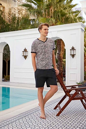 Doreanse Men's Black College Collar Printed Cotton Short Sleeve Shorts Pajama Set 4831