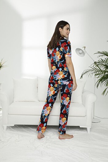 Siyah İnci Cotton Lycra Buttoned Pajama Set