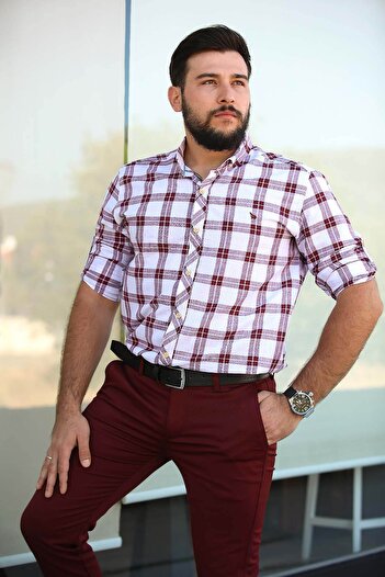 Factor Men's Claret Red Oversize Linen Buttoned Collar Foldable Sleeve Shirt F5213