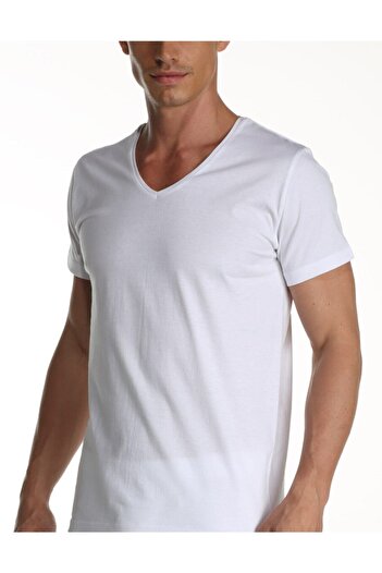 Çift Kaplan Men's White 3-Piece Single Jersey V-Neck T-shirt Undershirt 952