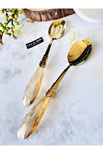 CASA DE BELLA Diamond 2 Piece Gold Salad Serving Set with Crystal Handles
