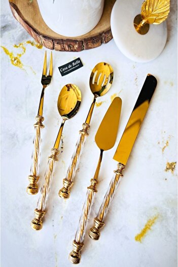 CASA DE BELLA 5 Piece Gold Serving Set with Crystal Handles
