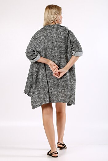 Chiccy Italian Anthracite Patchwork Collar 3/4 Sleeve Patterned Slit Woven Shirt Dress