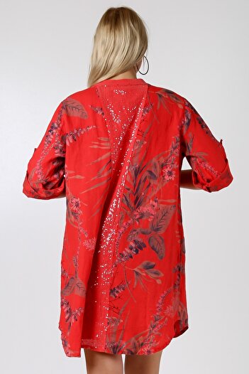 Chiccy Italian Coral Red Magnificent Collar 3/4 Sleeve Floral Double Pocket Sequined Woven Shirt Dress