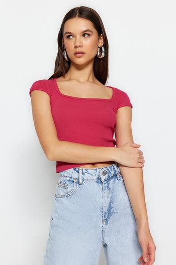 Trendyol Collection Fuchsia Square Neck Ribbed Fitted Low Sleeve Blouse TWOSS23BZ00950