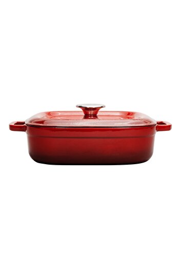 Sürel Red Square Aroma Shallow Cast Pot with Lid - 26X26