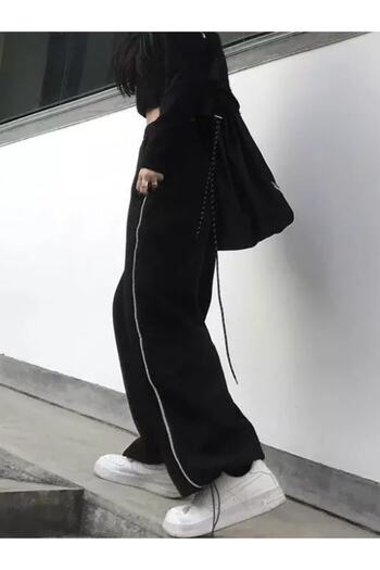 Gofeel Zip Detail Black Tracksuit Leg with Adjustable Black Wide Leg Sweatpants