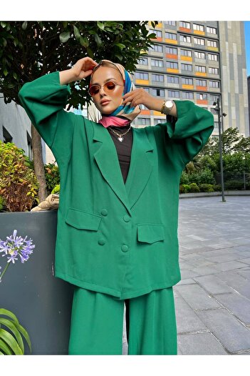 KaSheHa Women's Oversize Loose Cut Hijab Button Detail Brooched Blazer Jacket Trousers Top and Bottom Suit