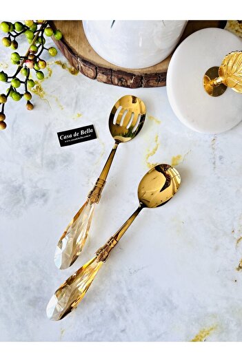CASA DE BELLA Diamond 2 Piece Gold Salad Serving Set with Crystal Handles