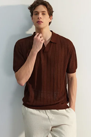 Trendyol Collection Brown Polo Neck Knitwear T-Shirt - Regular Fit, Cotton, Short Sleeve - Tmnss23Po00024