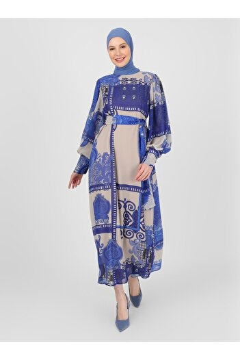 Refka Saks Beige Chiffon Hijab Dress - Balloon Sleeve and Belted Shawl Pattern - Woman