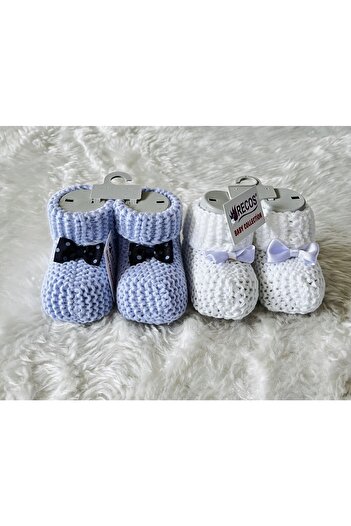 anne dokunuşu gibi KUZUM BEBE Blue and White Double Ribbon Knitwear Baby Boy and Girl Booties