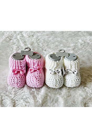 anne dokunuşu gibi KUZUM BEBE Pembe Ekru Ikili Kurdelalı Triko Erkek Kız Bebek Patiği