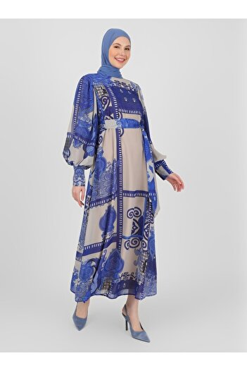 Refka Saks Beige Chiffon Hijab Dress - Balloon Sleeve and Belted Shawl Pattern - Woman