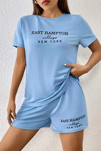 MODAGEN Women's Oversize Baby Blue East Hampton Printed Tshirt-shorts Set