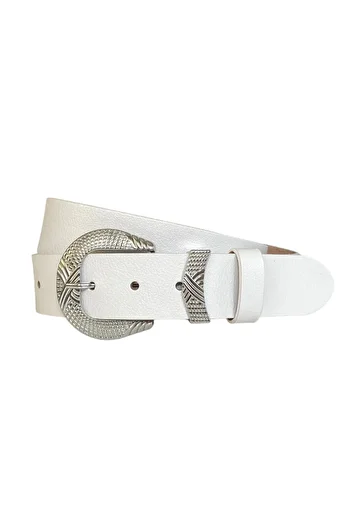 GoDeri 100% Genuine Leather, Silver Buckle, White Women's Jeans Belt with Metal Bridge 4 Cm=an-byn-63