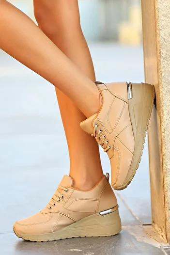 LEYDİ SHOES Anton Beige Lace-Up High Heeled Women's Sneakers