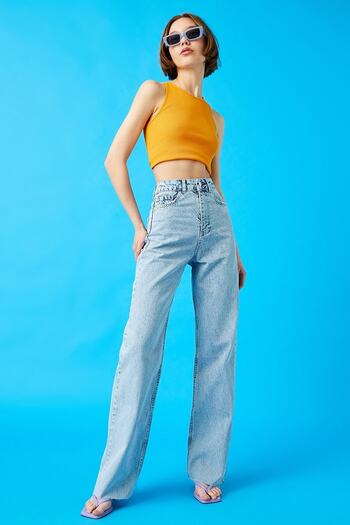 Trn JNS Hooden Lycra Dámské Ledově Modré Snow Wash Super Vysoký pas Volné nohavice Denim Volné kalhoty Palazzo