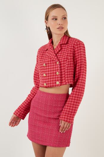 Lela Kazayağı Desenli Düğmeli Slim Fit Crop Ceket Ceket 611c007