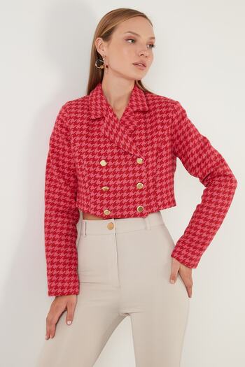 Lela Kazayağı Desenli Düğmeli Slim Fit Crop Ceket Ceket 611c007
