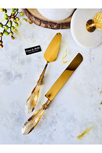 CASA DE BELLA Diamond 2 Piece Gold Spatula Knife Cake Serving Set with Crystal Handles
