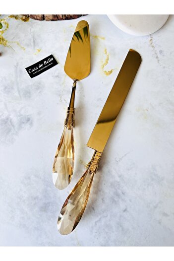 CASA DE BELLA Diamond 2 Parça Kristal Kulplu Gold Spatula Bıçak Pasta Servis Seti