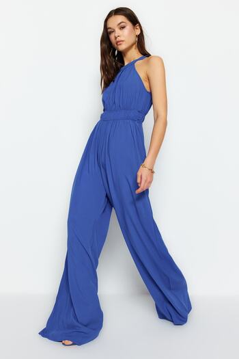 Trendyol Collection Indigo Wide Leg Maxi tkaný overal se sbíraným pasem TWOSS23TU00121