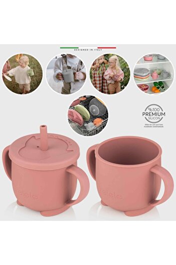 Elele 2in1 Silicone Baby Drinking Cup with Handle and Straw Rose