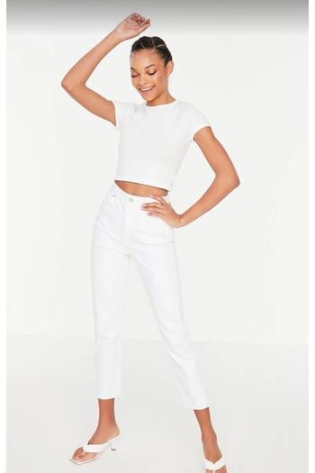 MAKRAS EXCLUSIVE 90s White High Waist Lycra Women's Mom Jeans Jeans