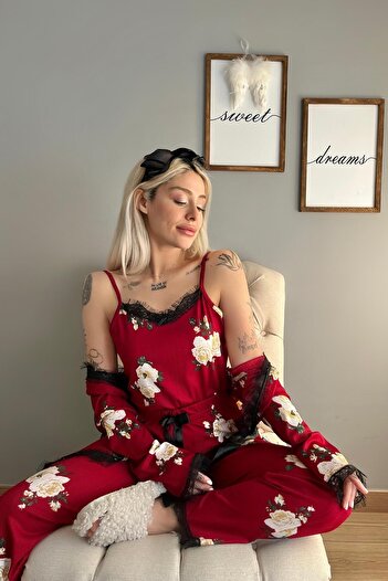 Pijamaevi Burgundy Floral Patterned Pegasus Pajama Set with Dressing Gown