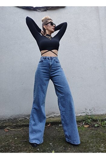 Trn JNS Wooden Lycra Women's Light Snow Wash Super High Waist Loose Leg Denim Loose Palazzo Pants