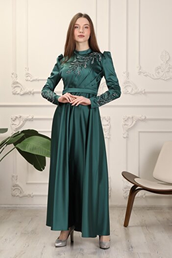 mafdress Βραδινό φόρεμα με κέντημα σμαραγδένιο σατέν με μανίκια ώμου