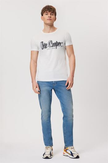 Lee Cooper Ανδρικό λευκό T-Shirt - Drawinglogo, O-Neck