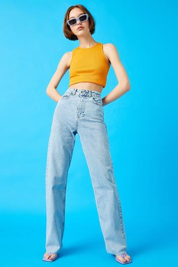 Trn JNS Hooden Lycra Dámské Ledově Modré Snow Wash Super Vysoký pas Volné nohavice Denim Volné kalhoty Palazzo