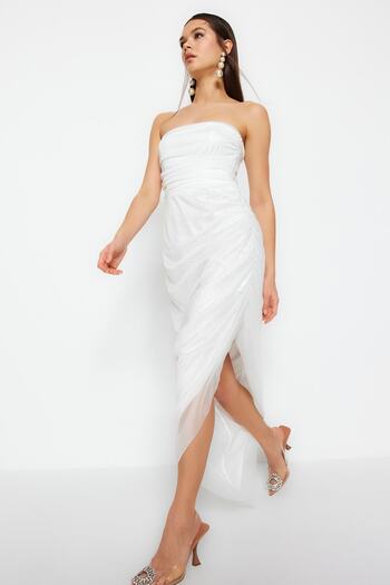 Trendyol Collection Ecru Body-Sitting Knitted Lined Glitter Wedding/Nikah Long Evening Dress TPRSS23AE00234