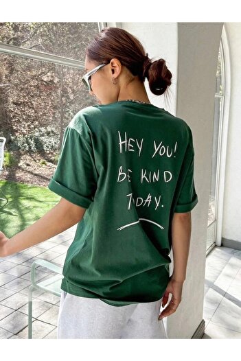 AFROGİYİM Women's Green Hey You Be Printed Oversize T-shirt
