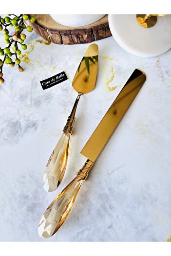 CASA DE BELLA Diamond 2 Piece Gold Spatula Knife Cake Serving Set with Crystal Handles