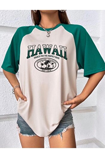 AFROGİYİM Women's Hawaiian Printed Pieced Oversize T-shirt