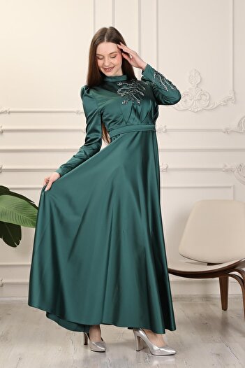 mafdress Βραδινό φόρεμα με κέντημα σμαραγδένιο σατέν με μανίκια ώμου