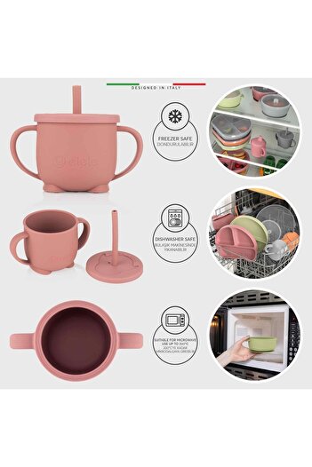 Elele 2in1 Silicone Baby Drinking Cup with Handle and Straw Rose