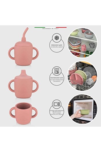 Elele 3in1 Silicone Baby Drinking Cup Set with Handle and Straw Rose