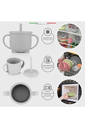 Elele 2in1 Silicone Baby Drinking Cup with Handle and Straw Gray